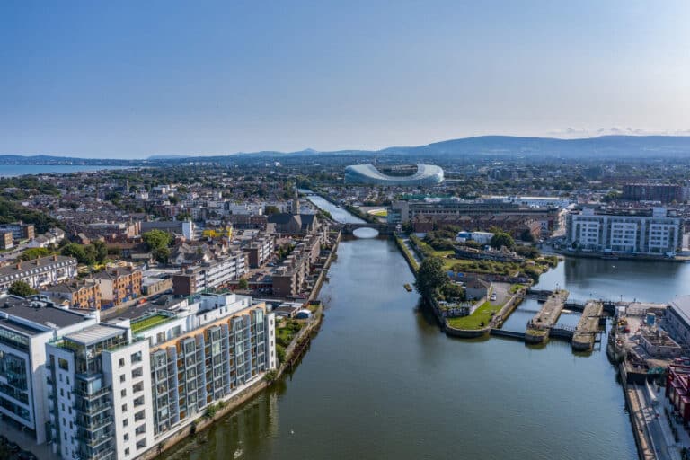 An aerial view of Dublin City south with the Aviva stadium in the background